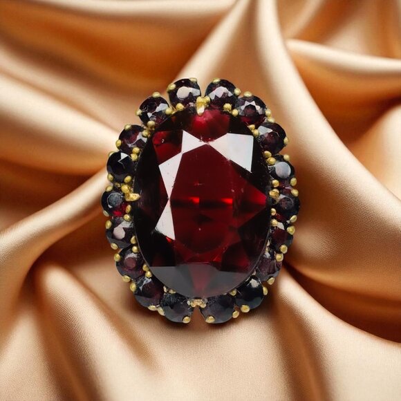 ANTIQUE- 10k Gold Bohemian Garnet Ring -Size 8- 7cttw Edwardian Cluster Ring -7g - Picture 1 of 16